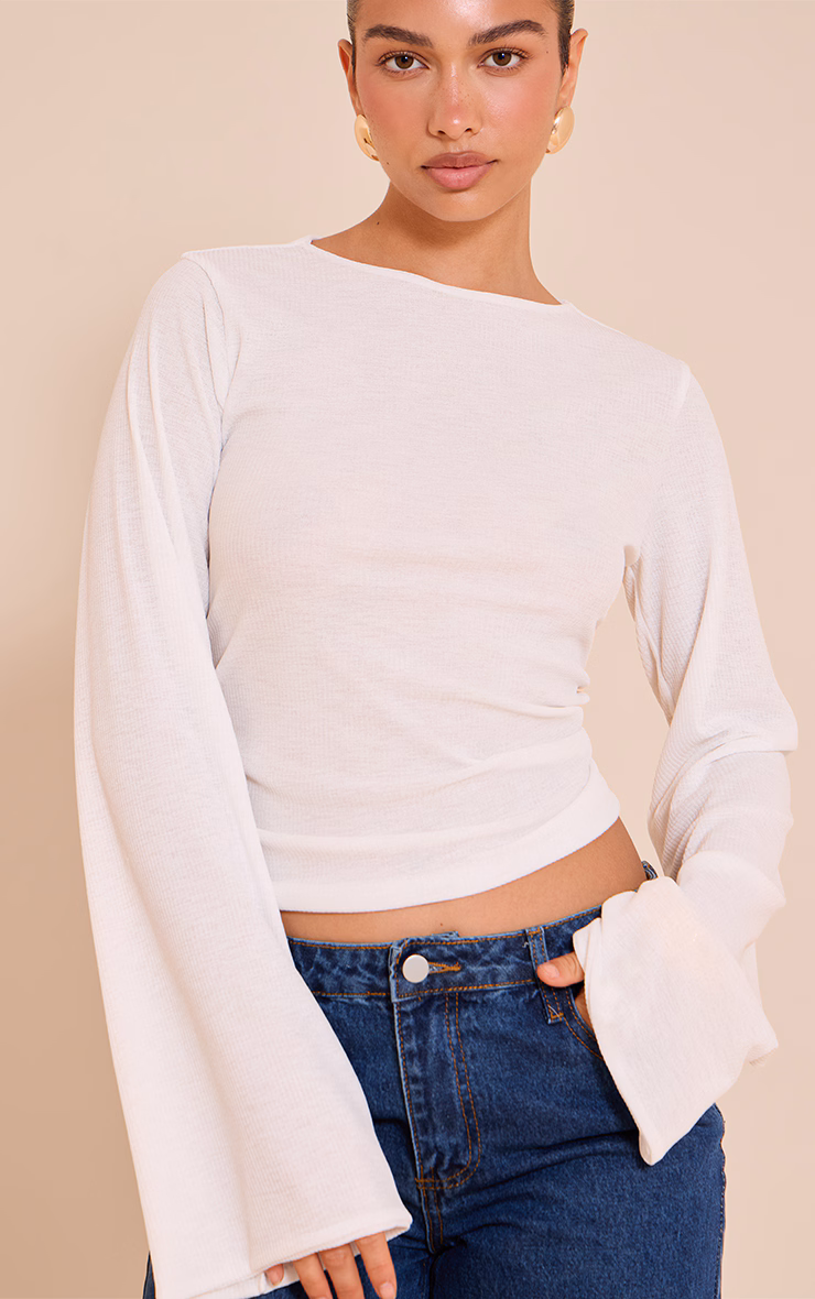 Ecru Rib Onion Skin Flare Long Sleeve Top