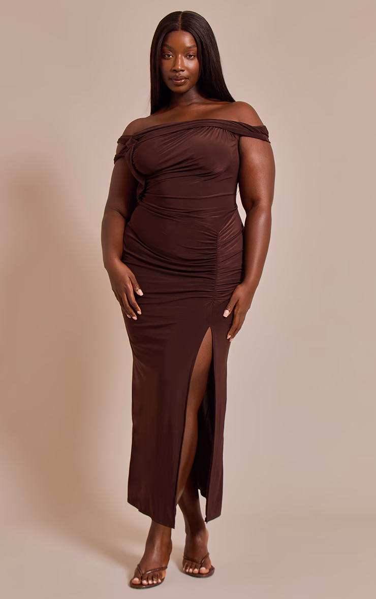 Plus Chocolate Slinky Twist Detail Maxi Dress