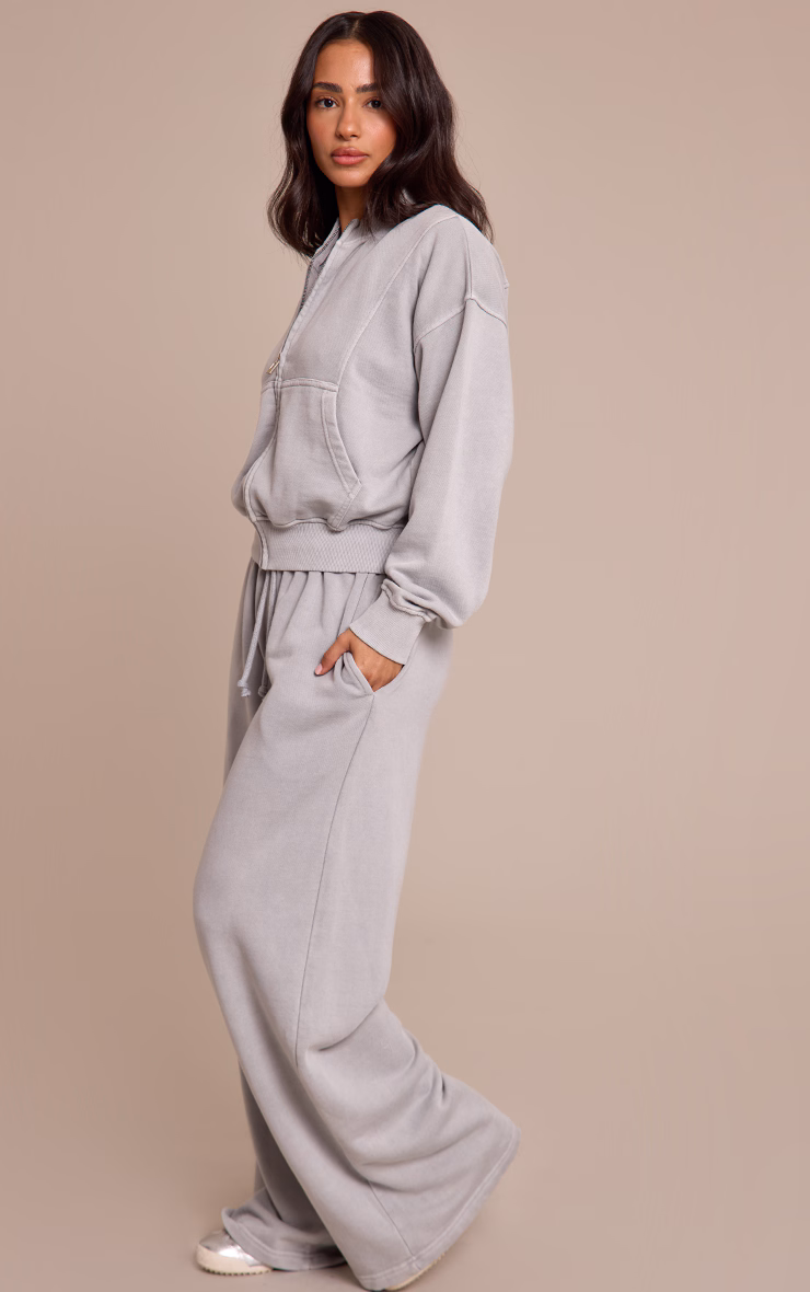 Petite Ash Grey Acid Wash Drawcord Straight Leg Sweatpant