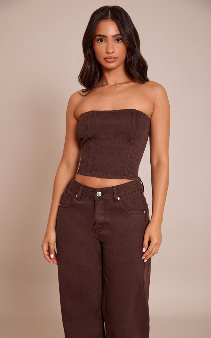 Petite Chocolate Seam Detail Denim Bandeau Top
