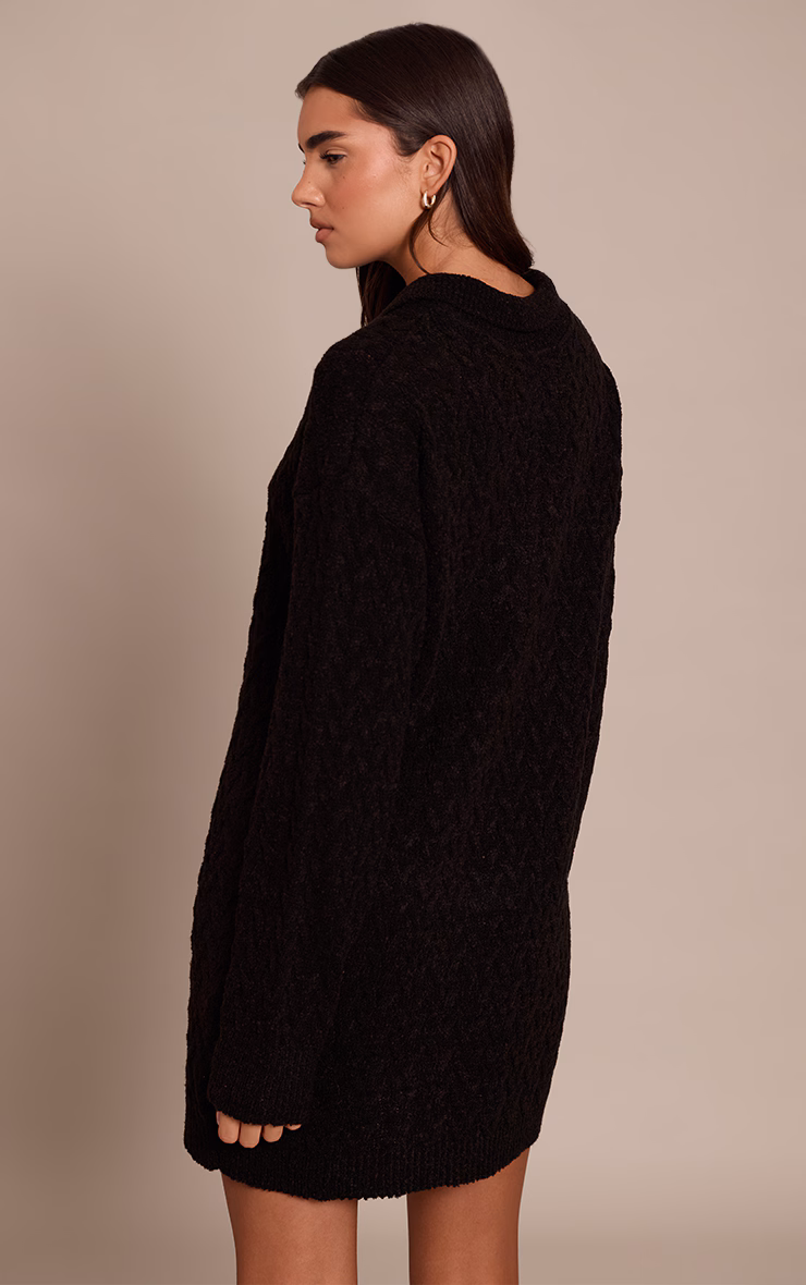 Black Boucle Cable Knit Mini Shirt Dress