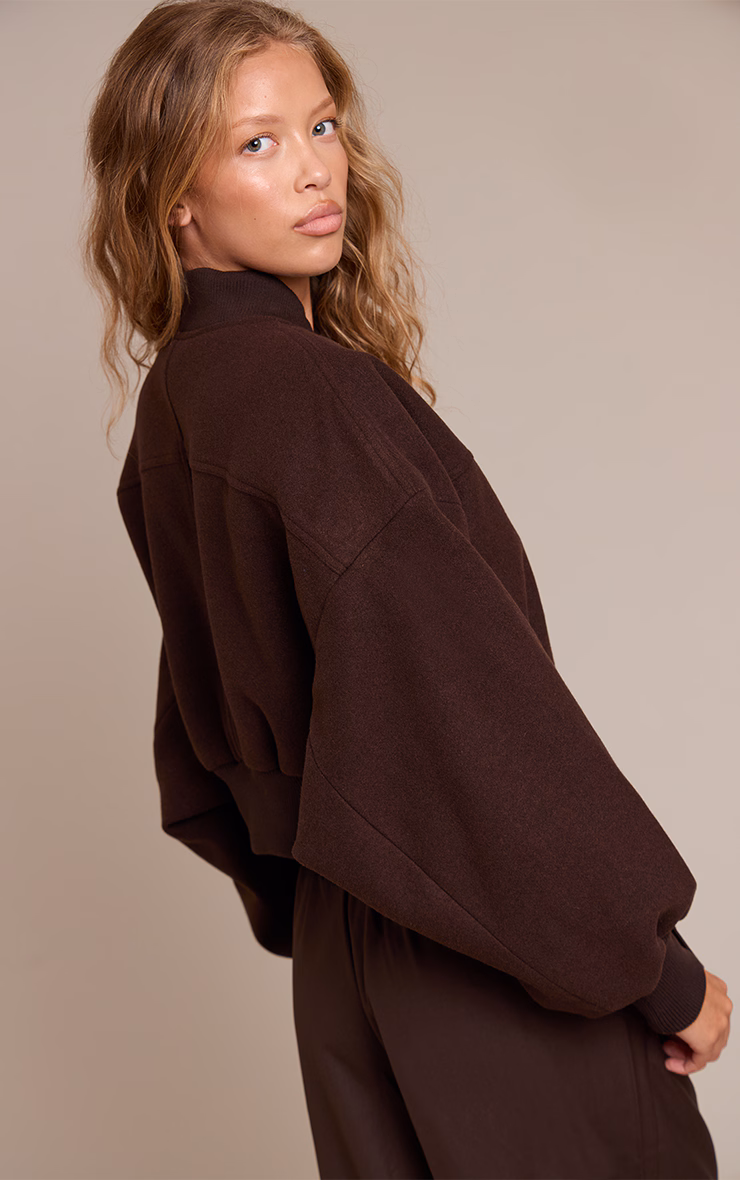 Chocolate Ruched Sleeve Cropped Bomber Jacket