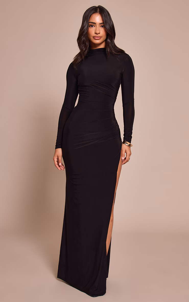 Petite Black Double Layer Ruched High Neck Maxi Dress
