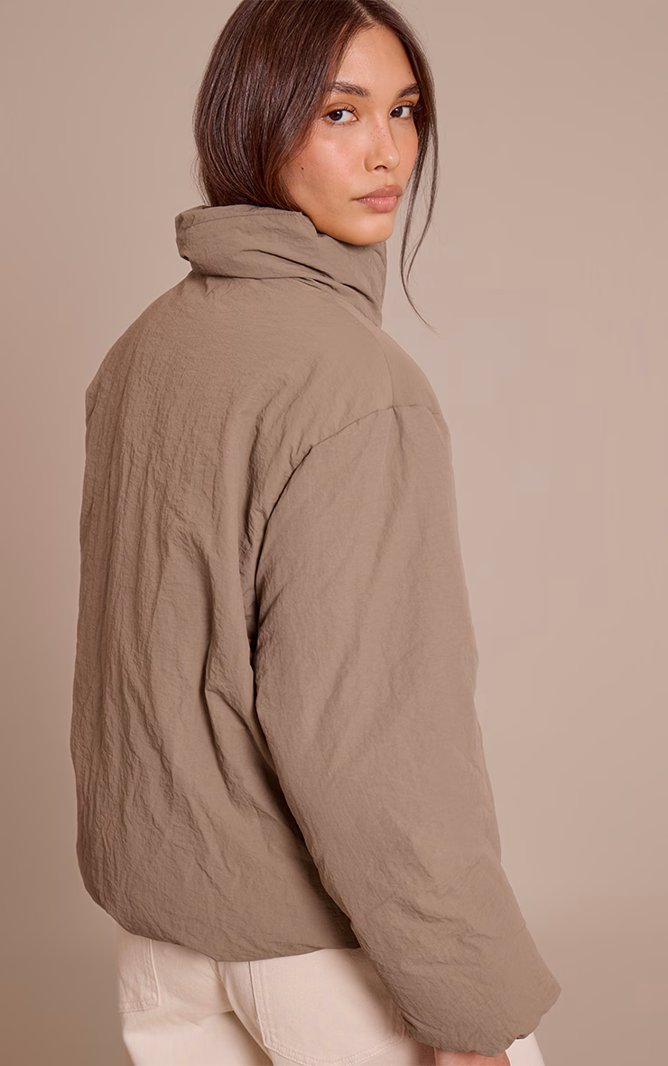 Washed Khaki High Neck Tie Waist Quilted Puffer Jacket