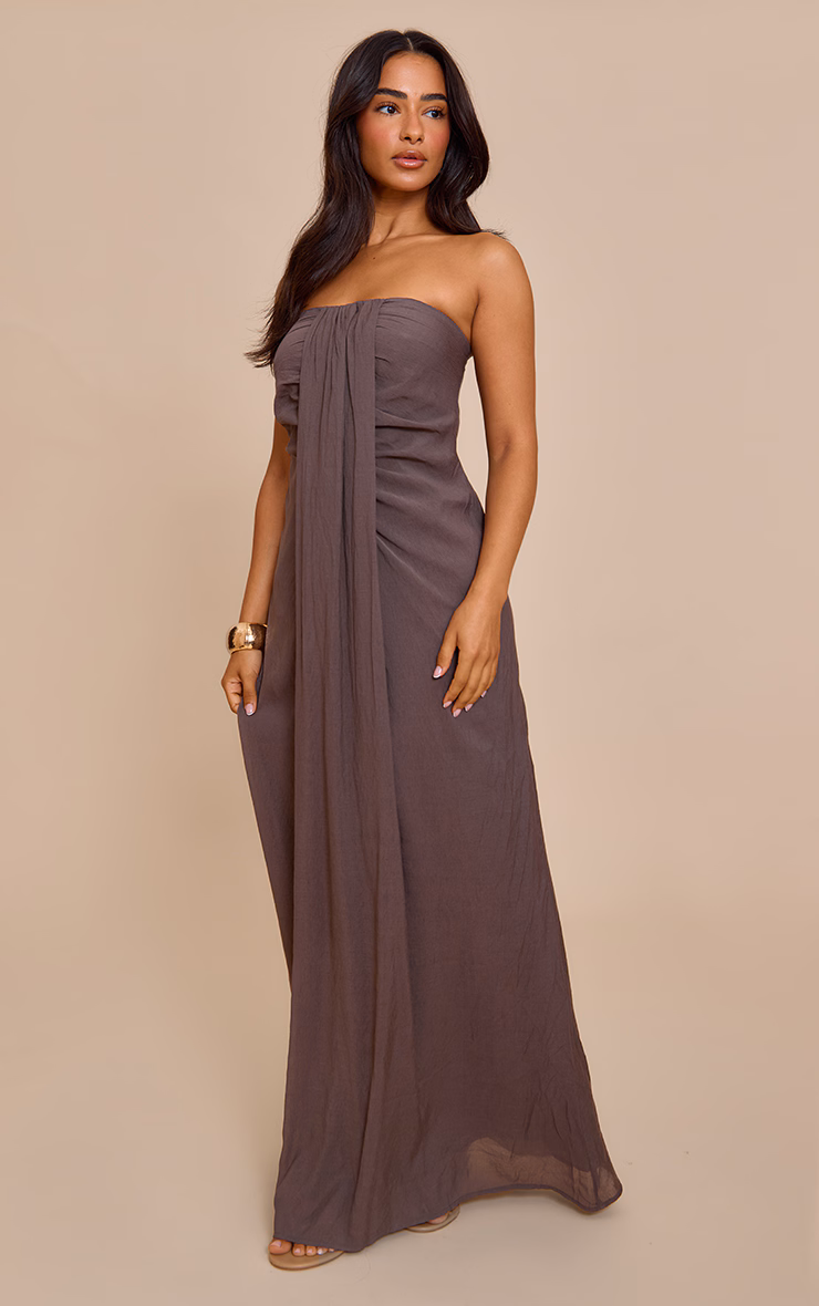 Petite Taupe Bandeau Drape Detail Maxi Collum Dress