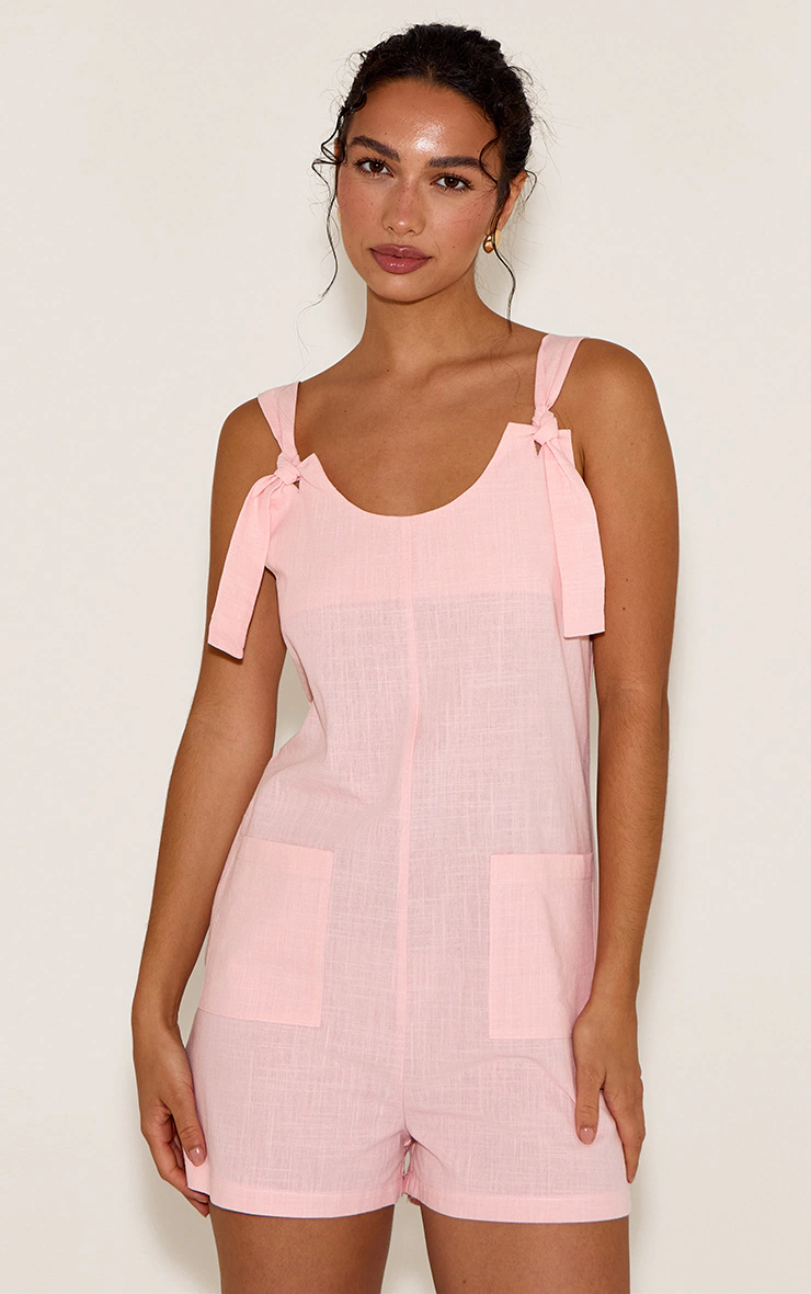Pale Pink Linen Look Tie Shoulder Pocket Detail Romper