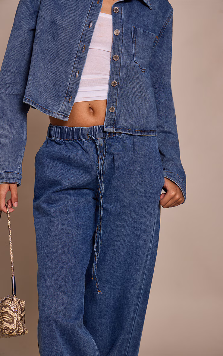 Mid Blue Relaxed Tie Waistband Wide Leg Jeans