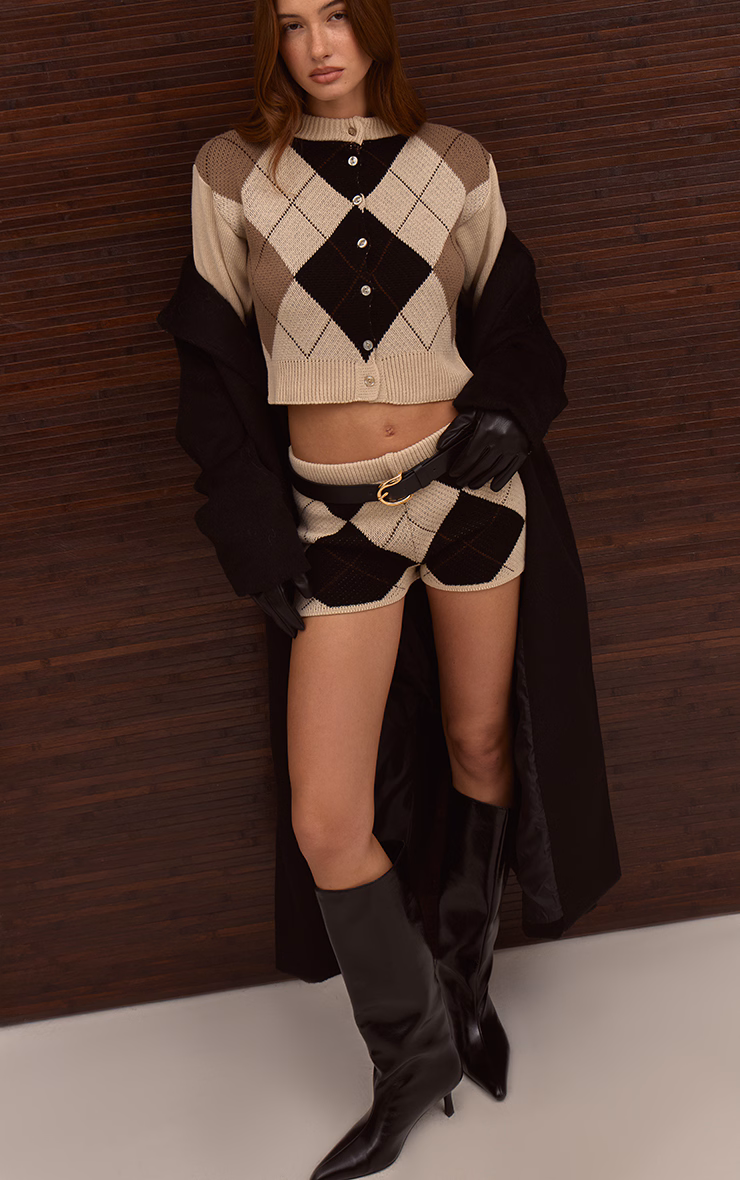 Beige Argyle Knitted Mini Shorts
