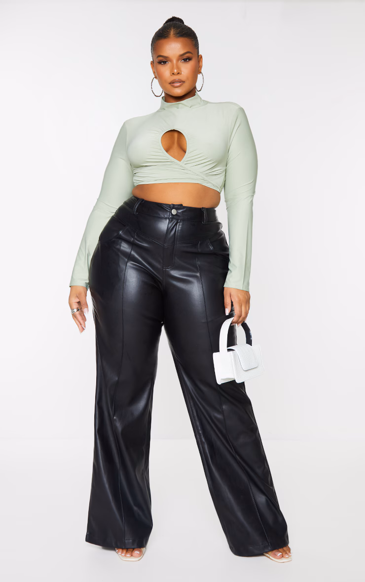 Plus Black Faux Leather Seam Detail Wide Leg Pants