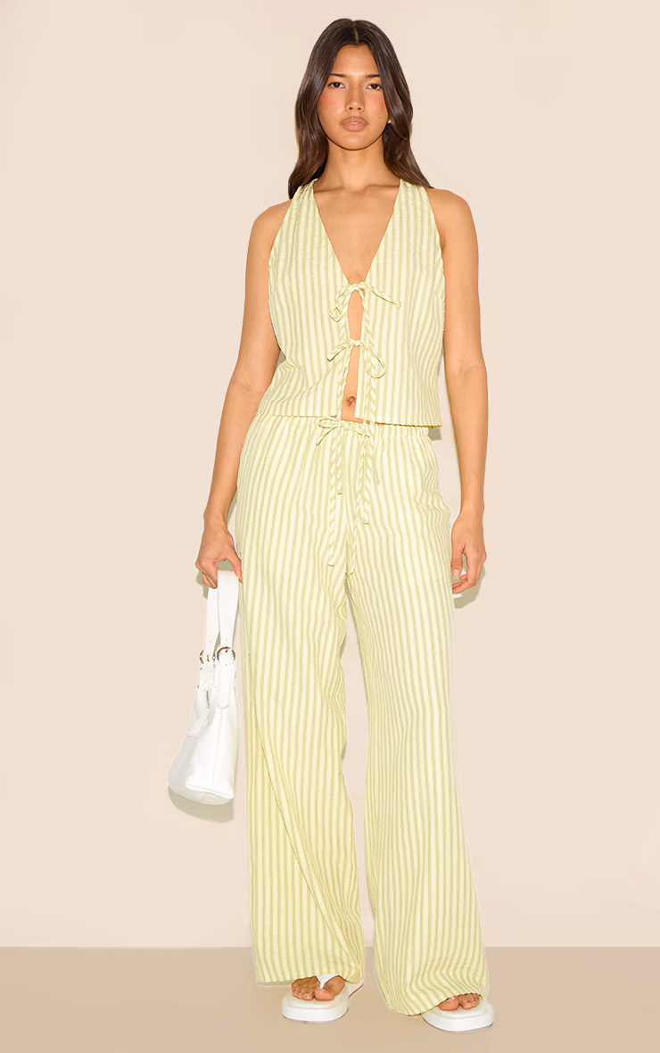 Lime Green Striped Tie Waist Straight Leg Pant