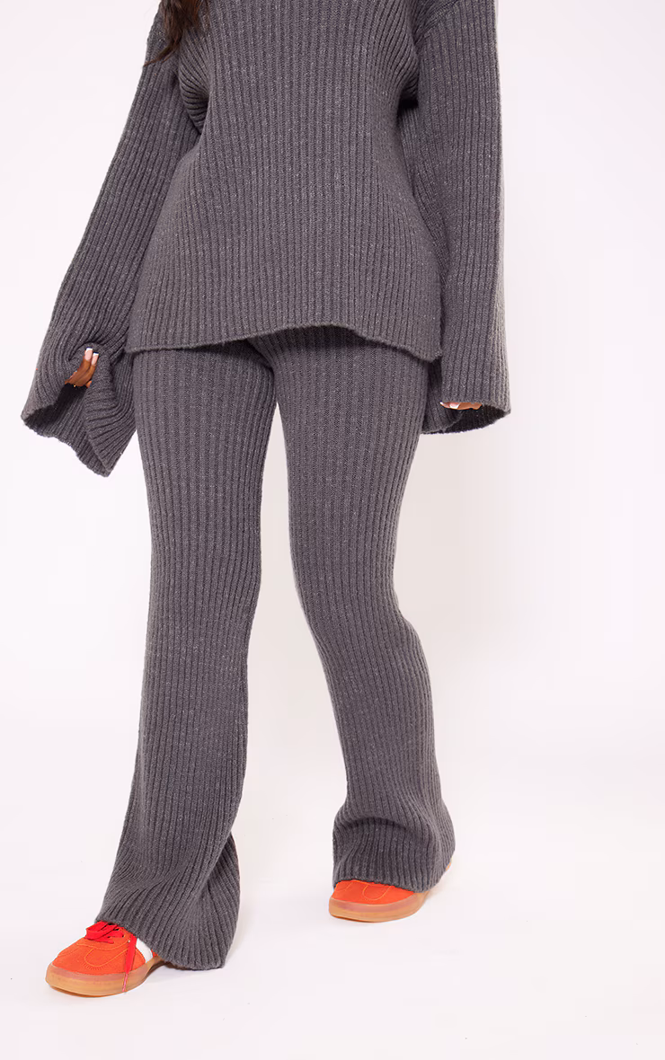 Petite Charcoal Rib Knit Wide Leg Pants