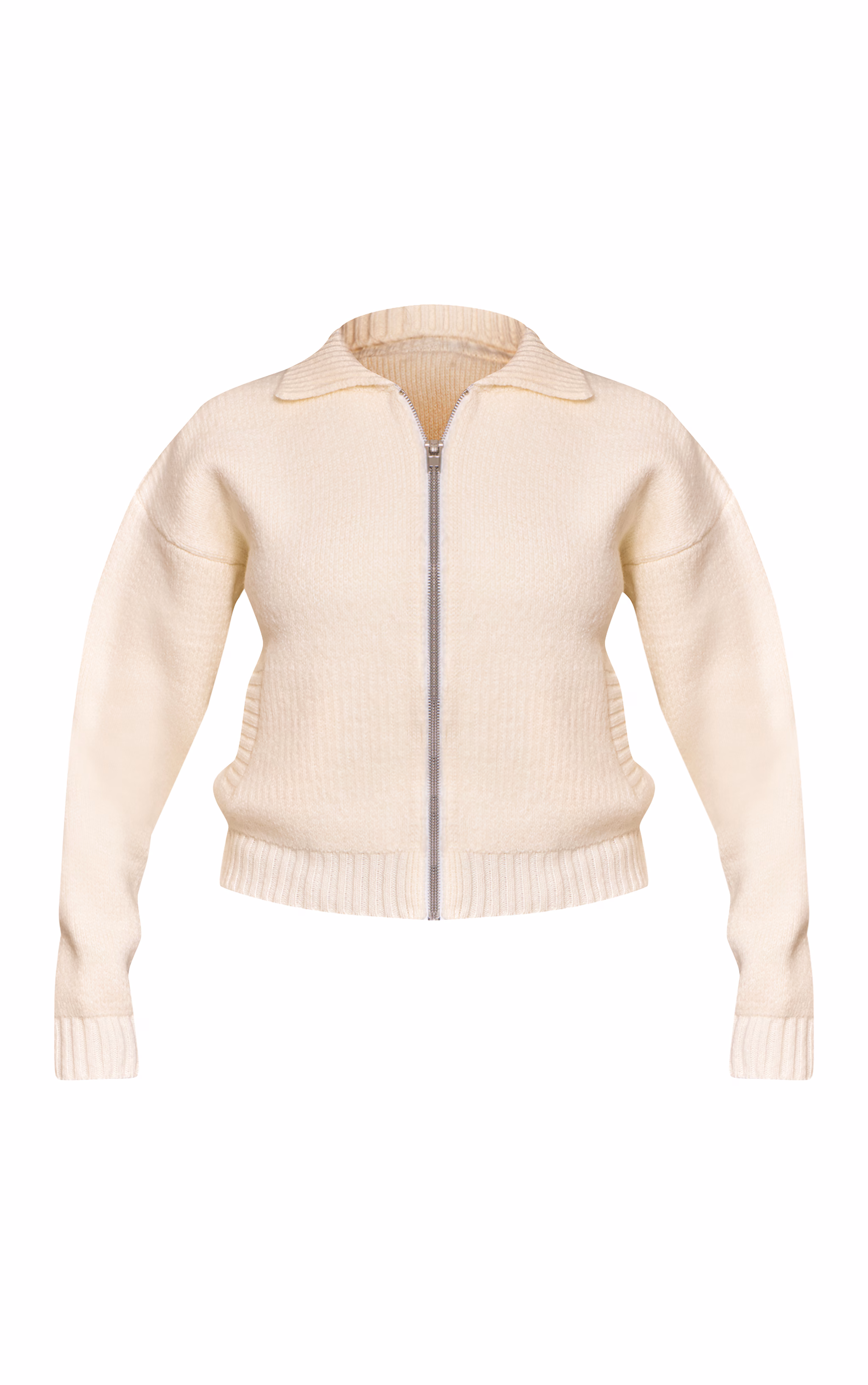 Petite Cream Knitted Zip Up Bomber Jacket