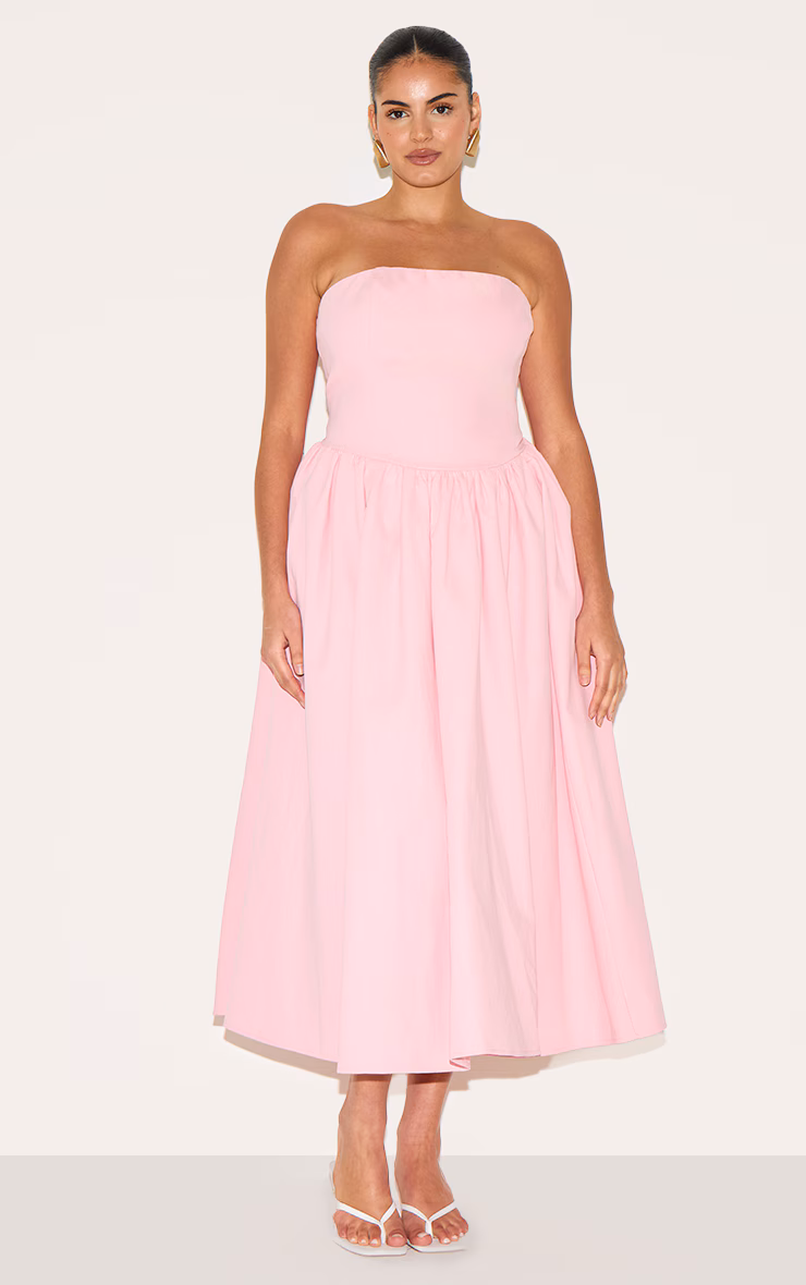 Plus Candy Pink Woven Bandeau Ruched Skater Midaxi Dress