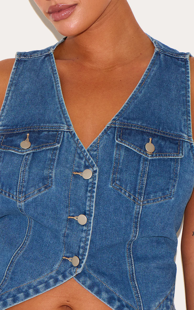 Plus Indigo Blue Wash Halterneck Button Front Denim Vest