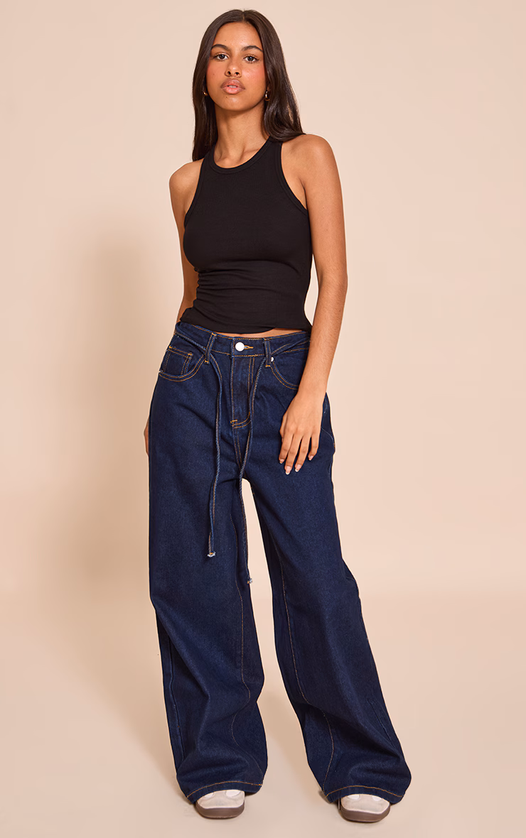 Petite Black Soft Rib Racer Neck Vest Top