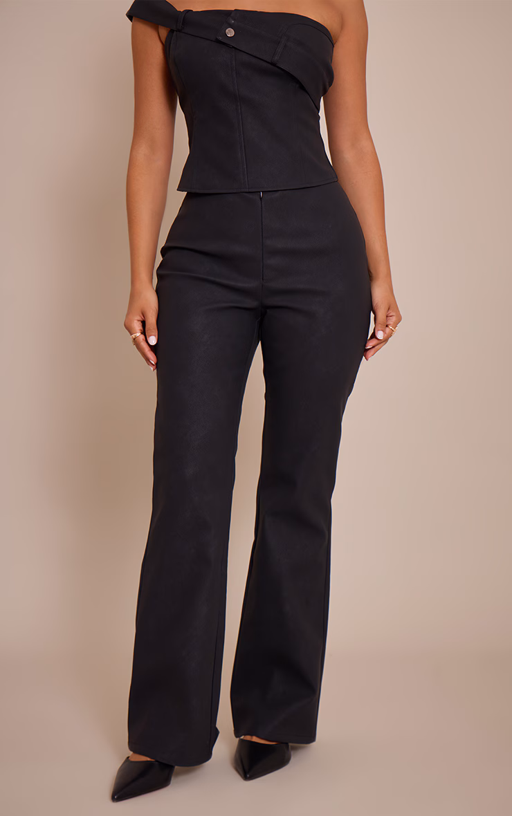 Petite Black Faux Leather Zip Front Flared Pants