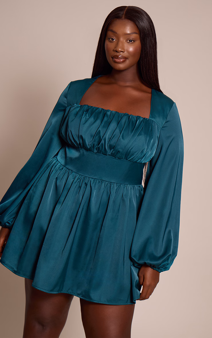Plus Emerald Green Satin Ruched Cup Puff Sleeve Mini Dress