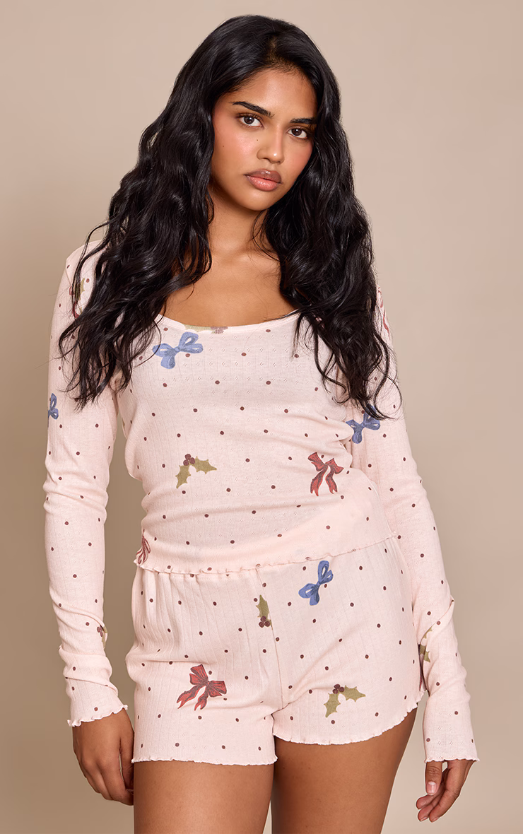 Petite Pink Christmas Bow Jersey Fitted Long Sleeve Top and Shorts PJ Set