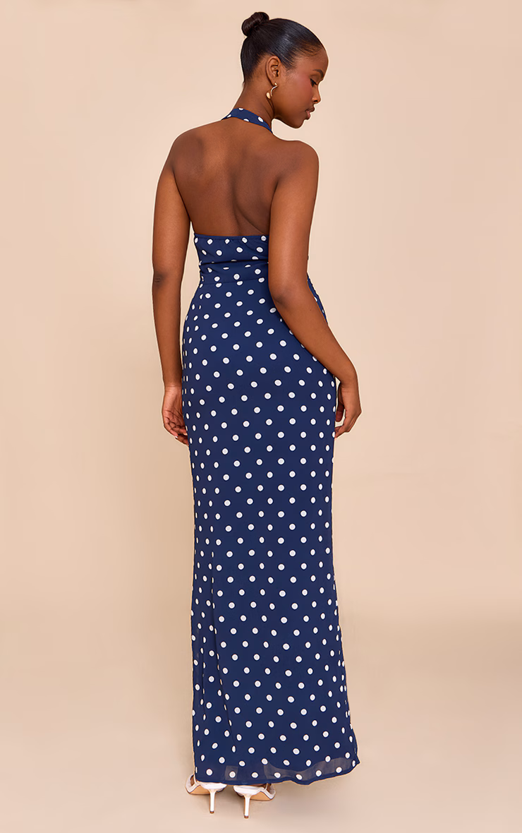 Navy And White Chiffon Polka Dot Printed Plunge Neck Maxi Dress