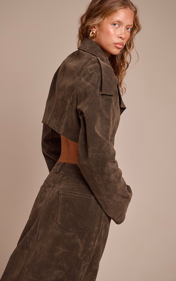 Khaki Faux Suede Cropped Trench