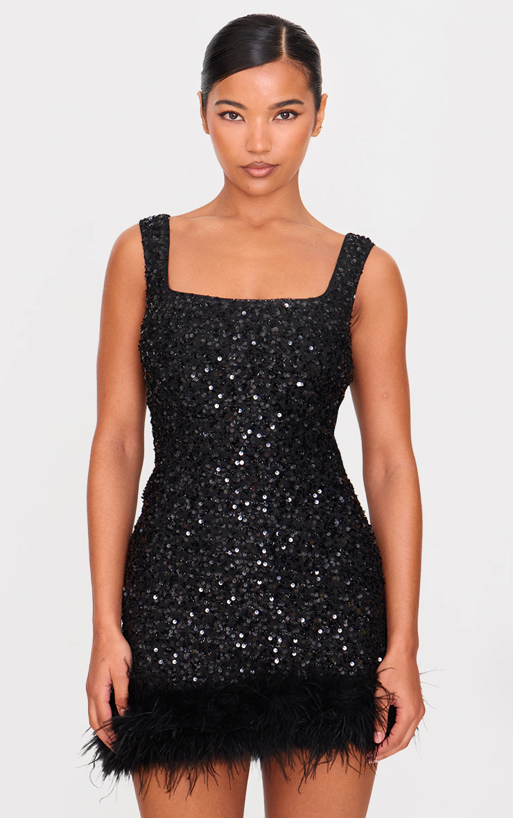 Black Sequin Scoop Neck Feather Hem Shift Dress