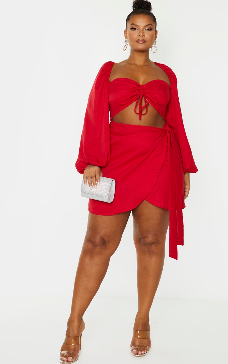 Plus Red Ruched Cut Out Bodycon Dress