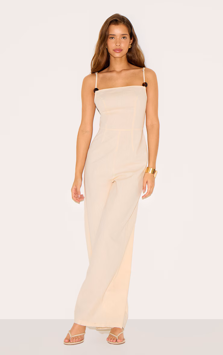 Natural Linen Blend Straight Neck Bead Detail Jumpsuit