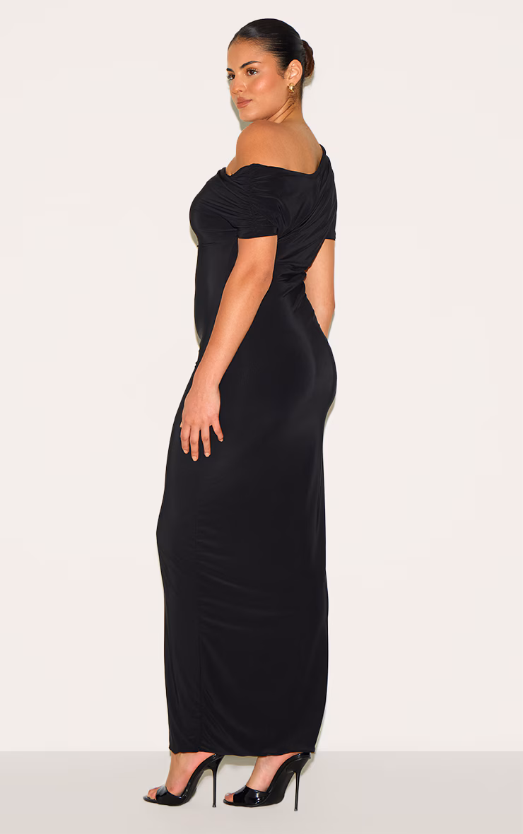 Plus Black Double Layer Slinky Asymmetric Ruched Sleeve Maxi Dress