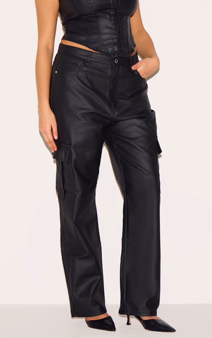 Plus Black Coated Denim Cargo Jeans