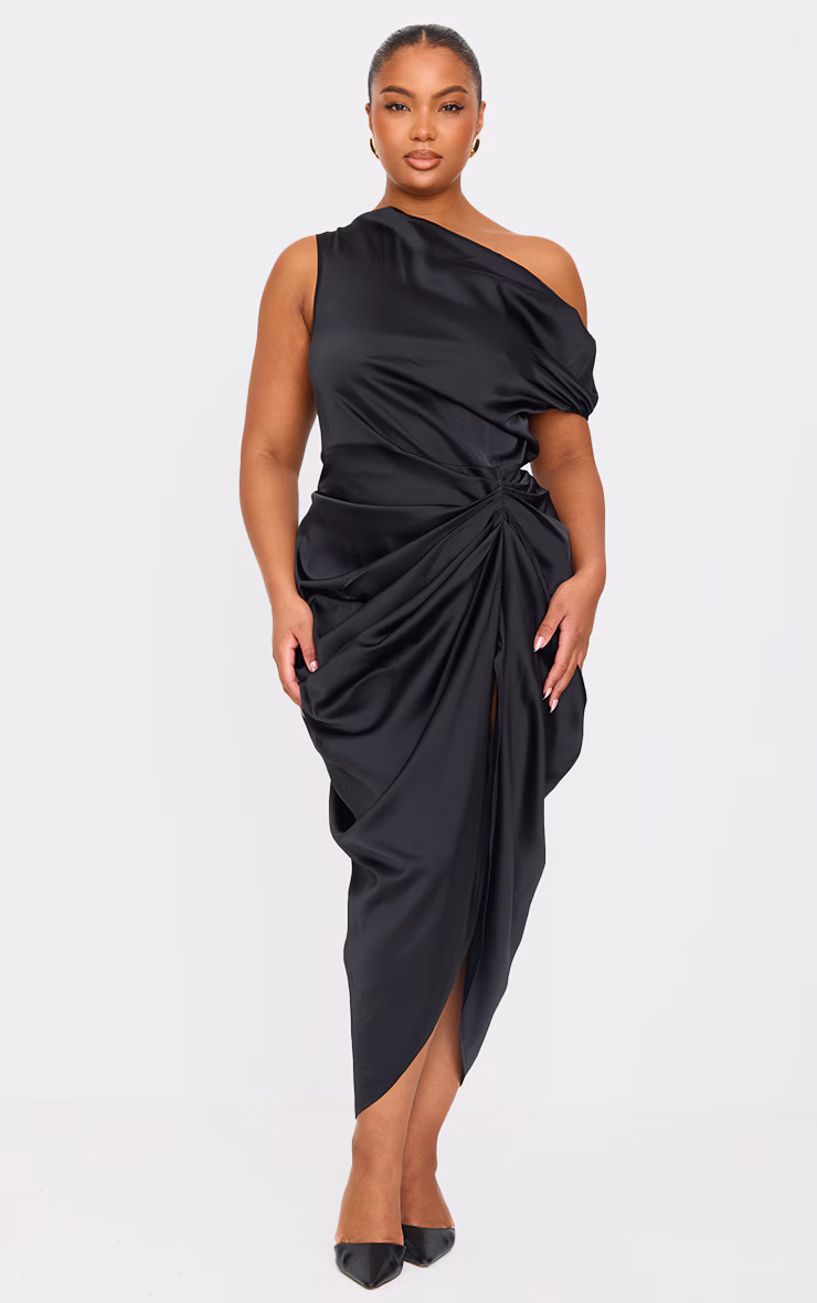 Plus Black Satin Off The Shoulder Draped Skirt Midi Dress