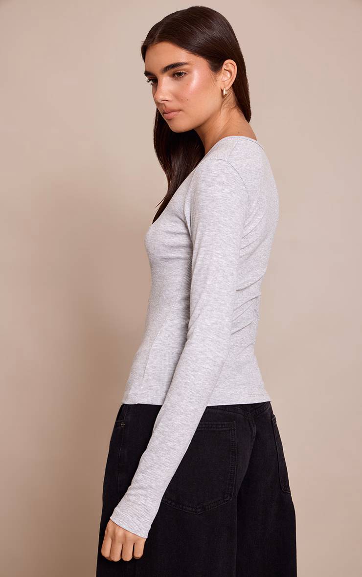 Grey Marl Soft Rib Asymmetric Detail Fitted Longline Top