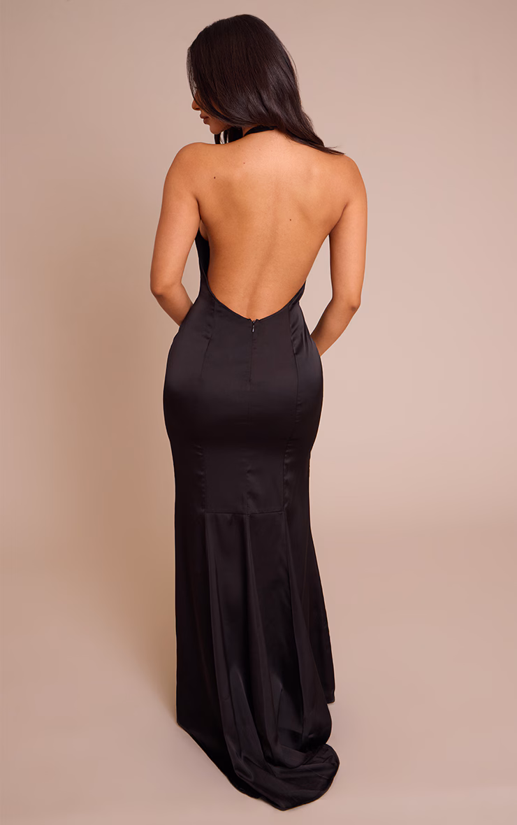 Petite Black Seam Detail Halterneck Satin Maxi Dress