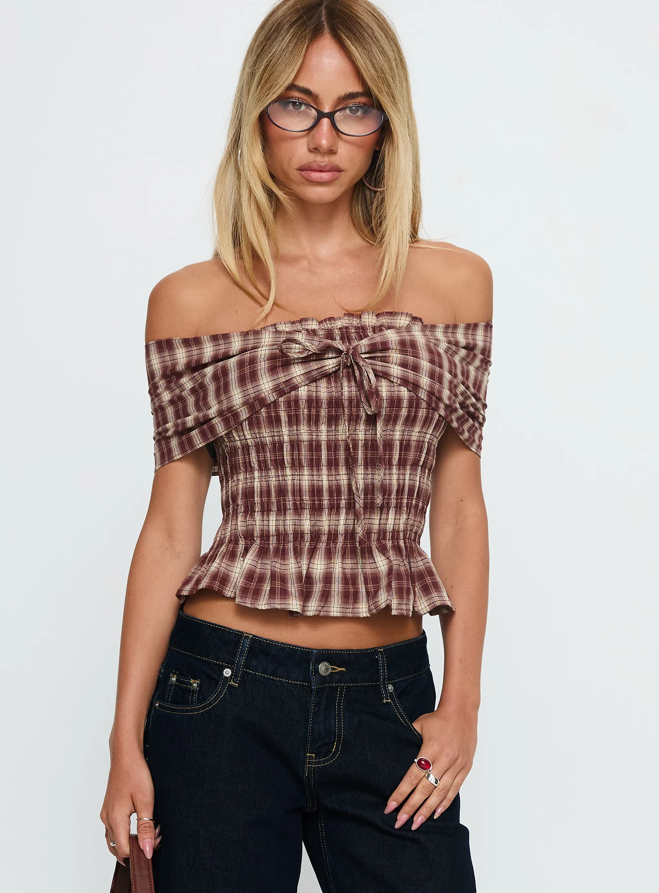 Avalynn Off Shoulder Shirred Top Brown Check
