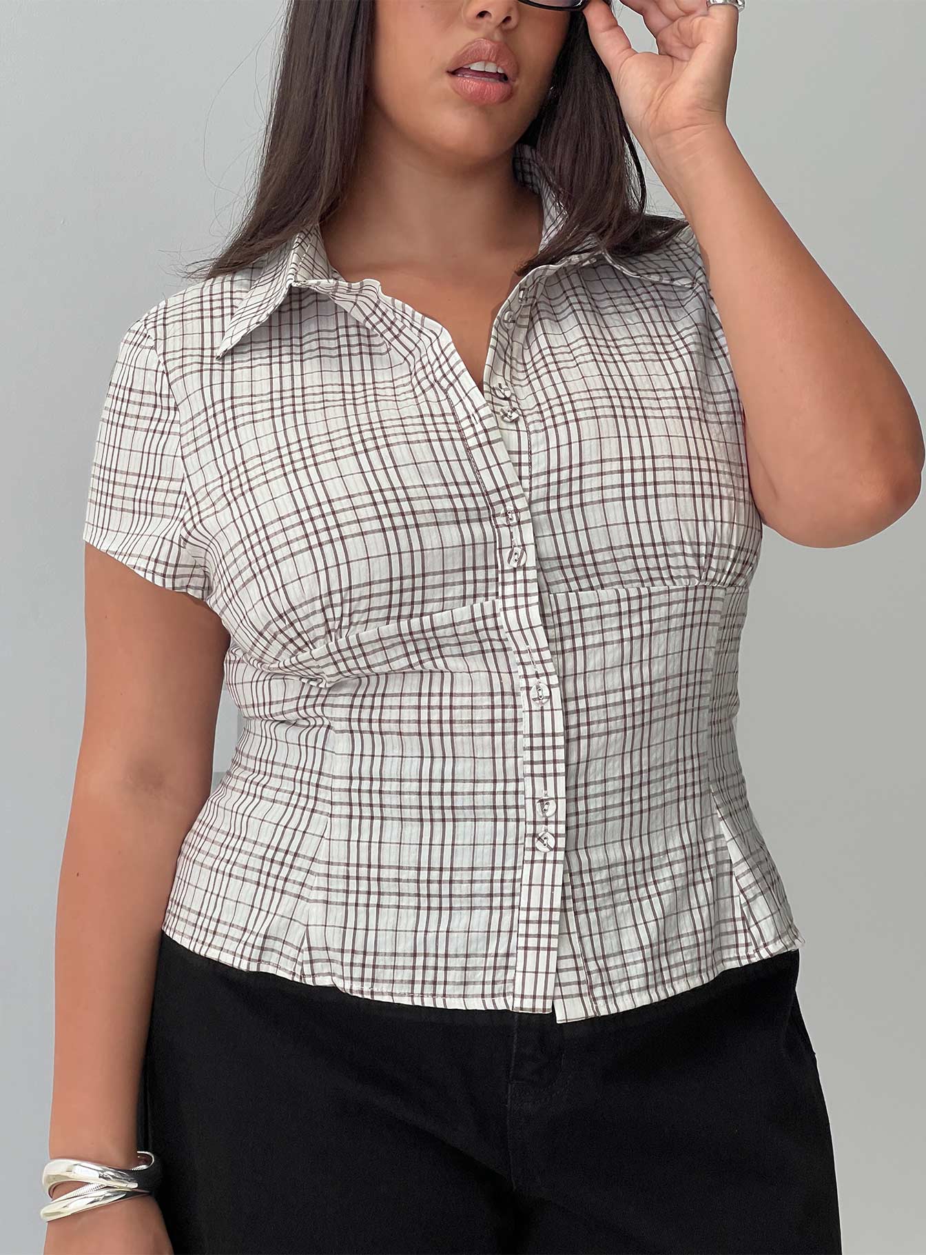 Cottesloe Blouse Top Brown Check Curve