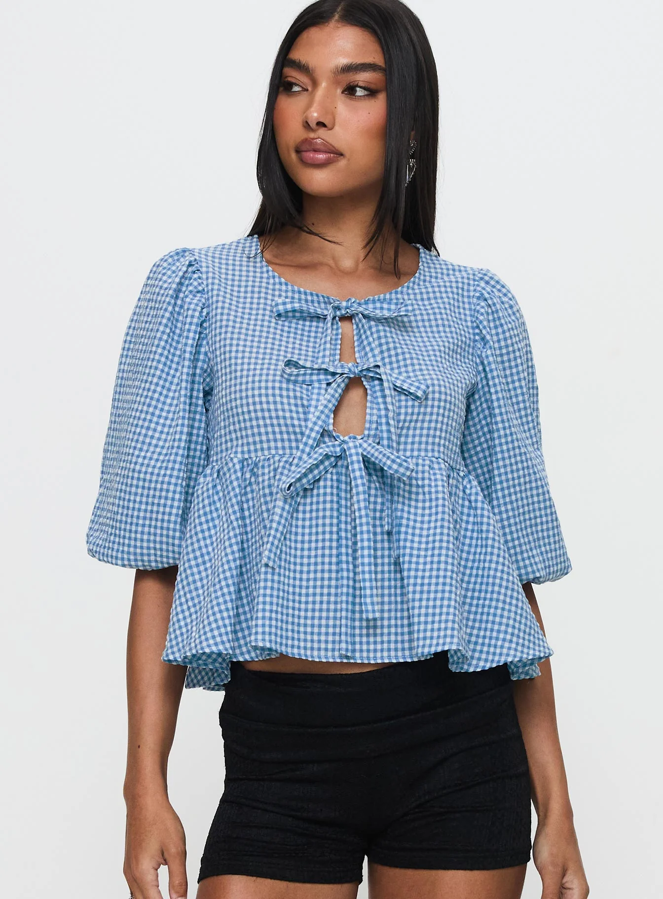 Full House Tie Up Blouse Top Blue Plaid