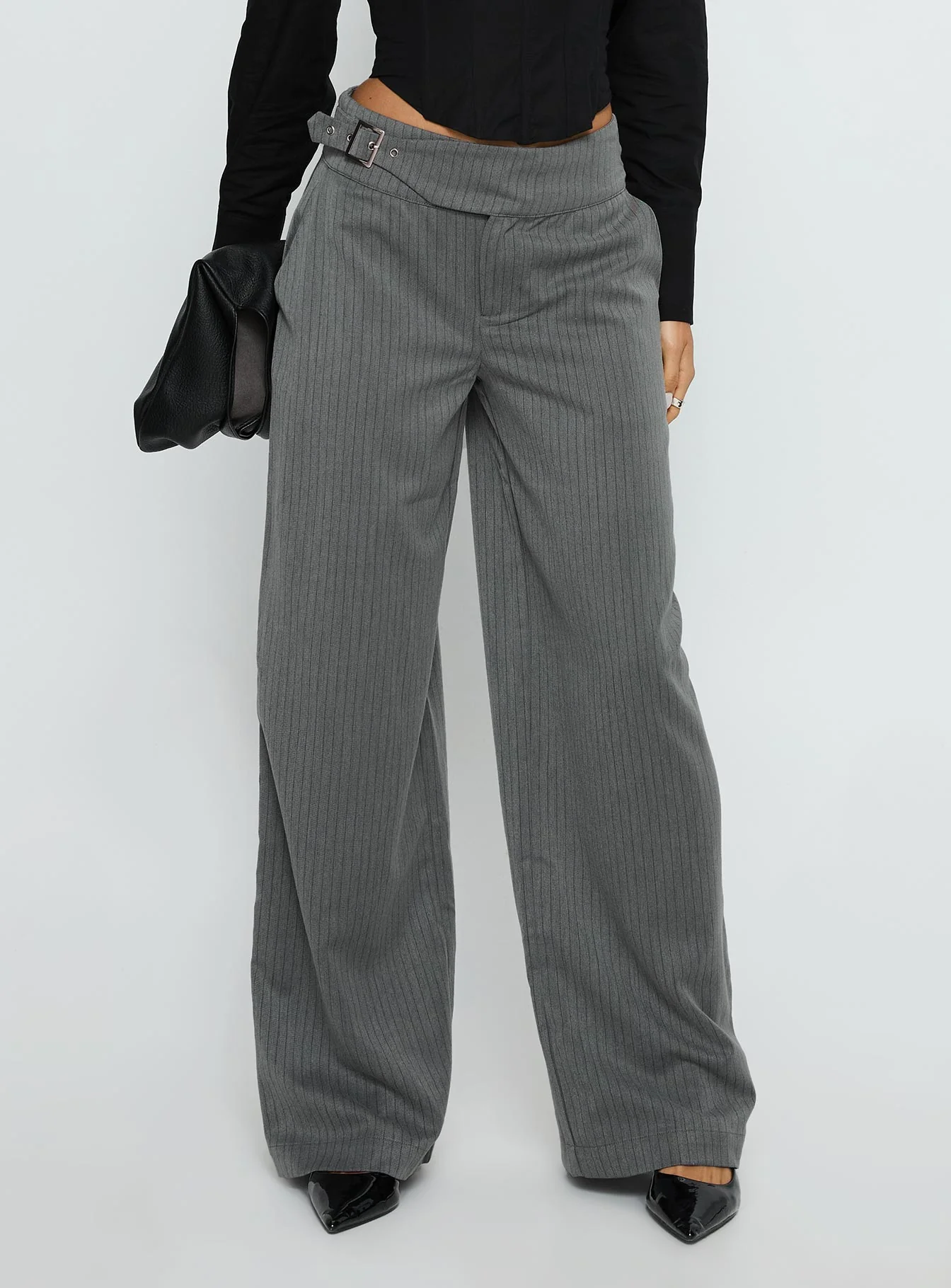 Jinny Relaxed Buckle Tailored Pants Grey Pinstripe