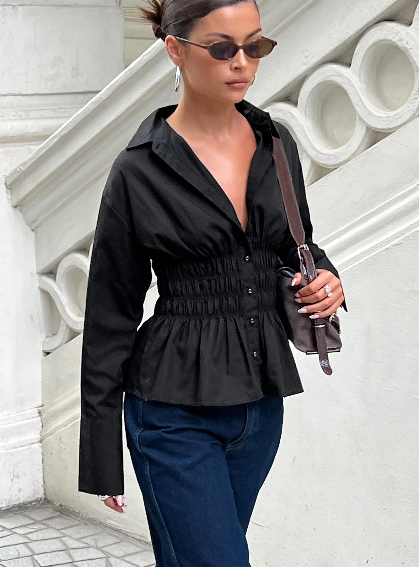 As You Are Shirred Button Up Top Black