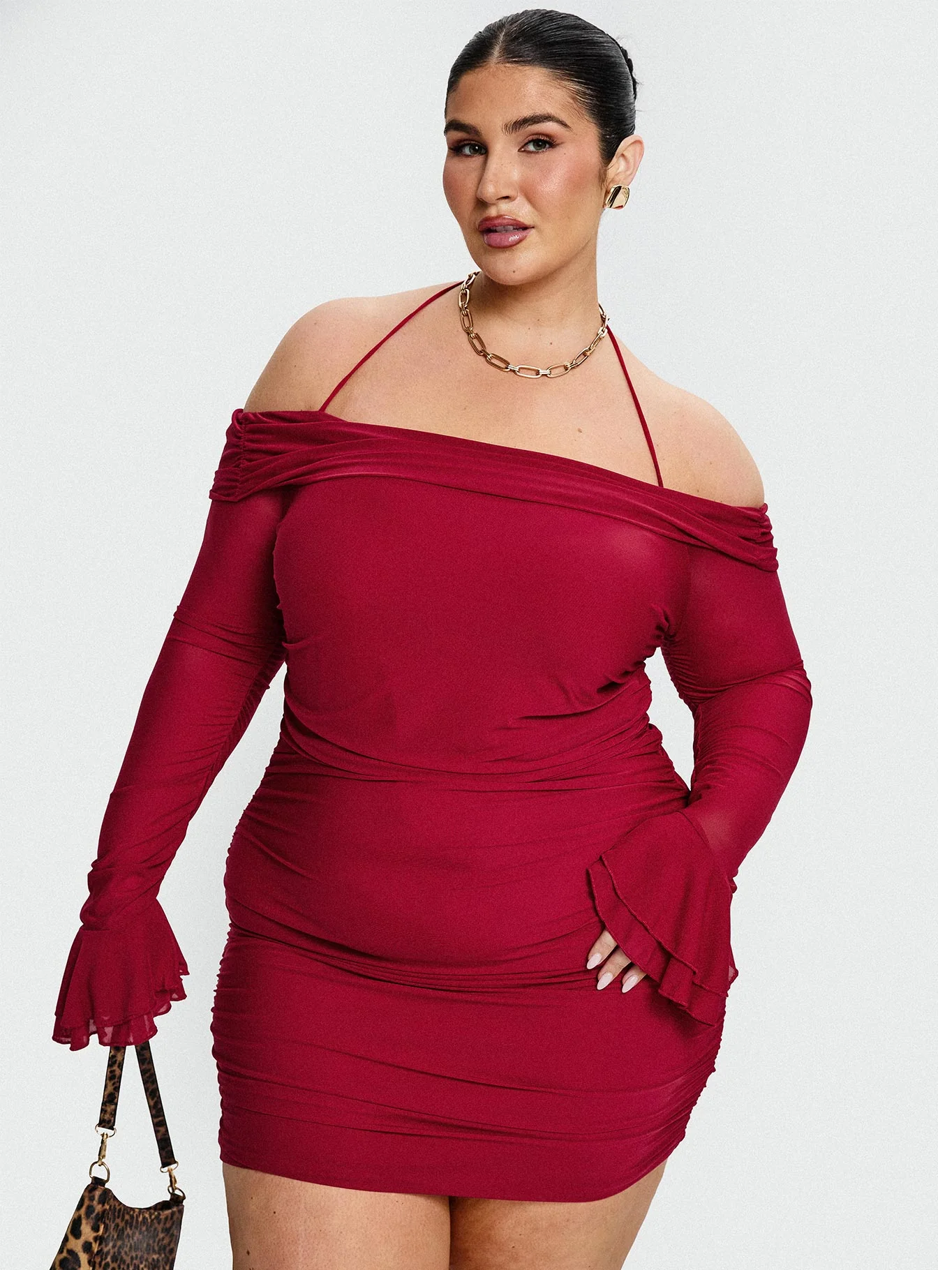 Taylon Off Shoulder Long Sleeve Mini Dress Red Curve