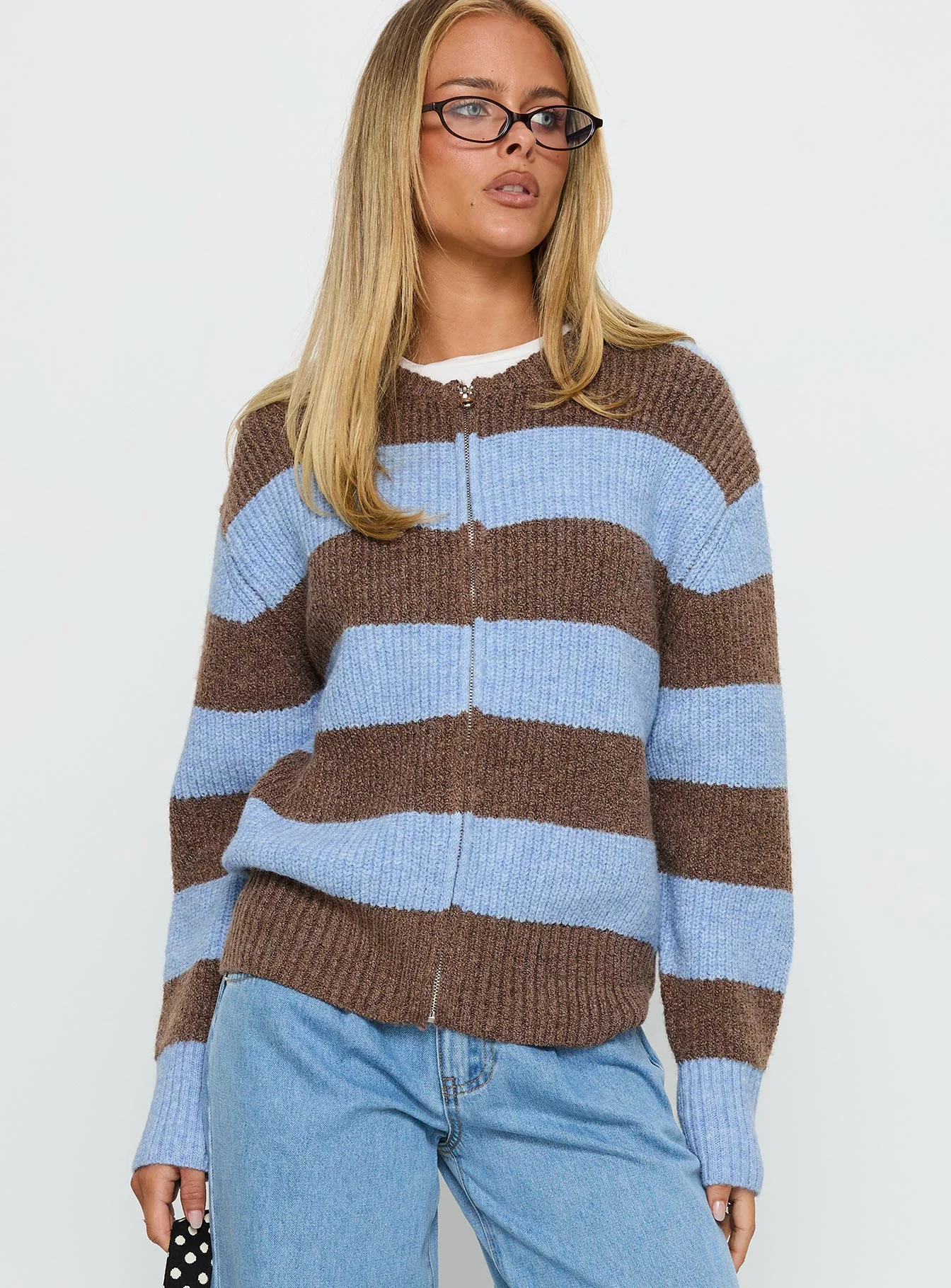 Queena Zip Through Knit Sweater Blue Stripe