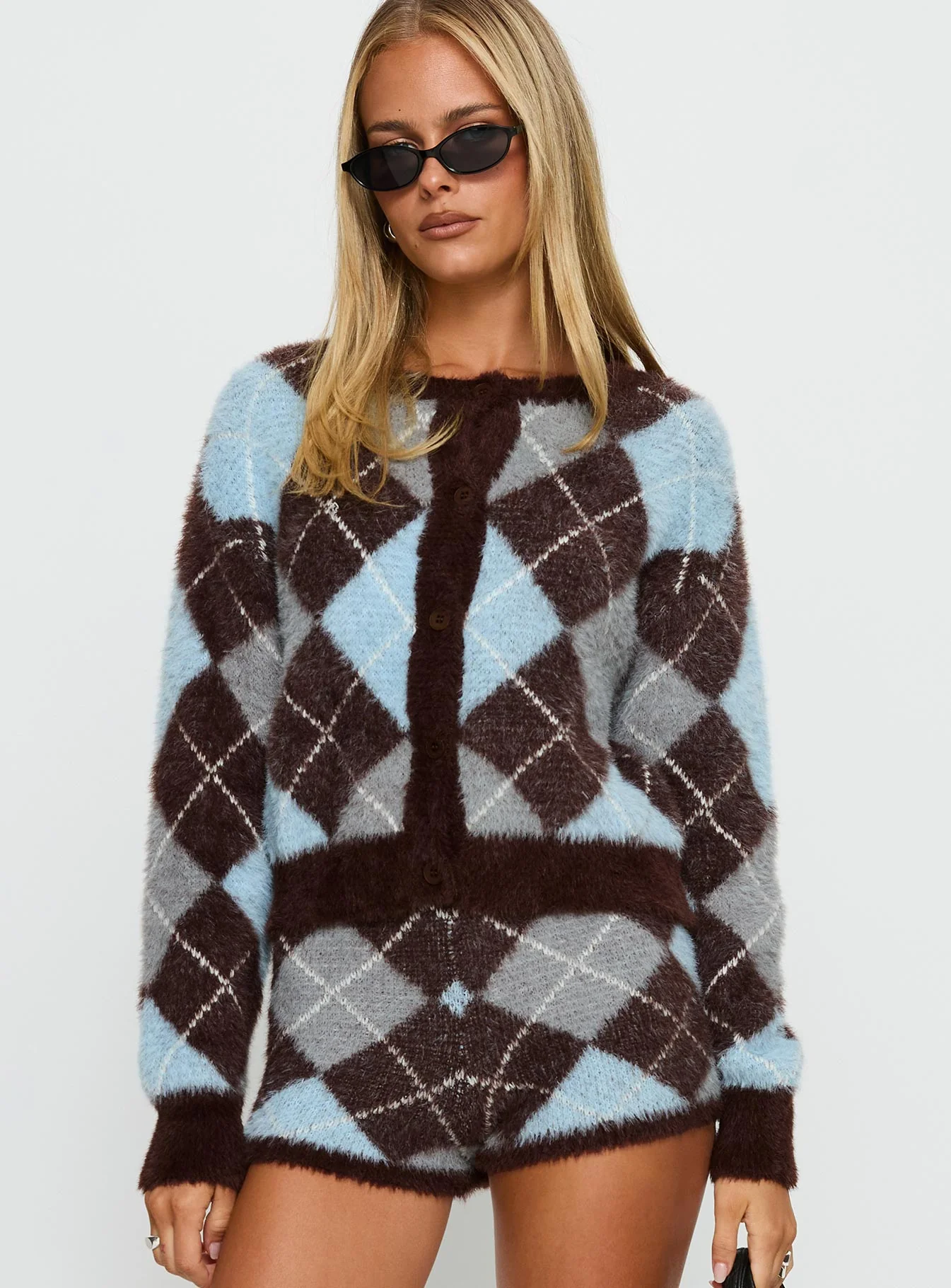 Kenlea Button Up Cardigan Blue Argyle