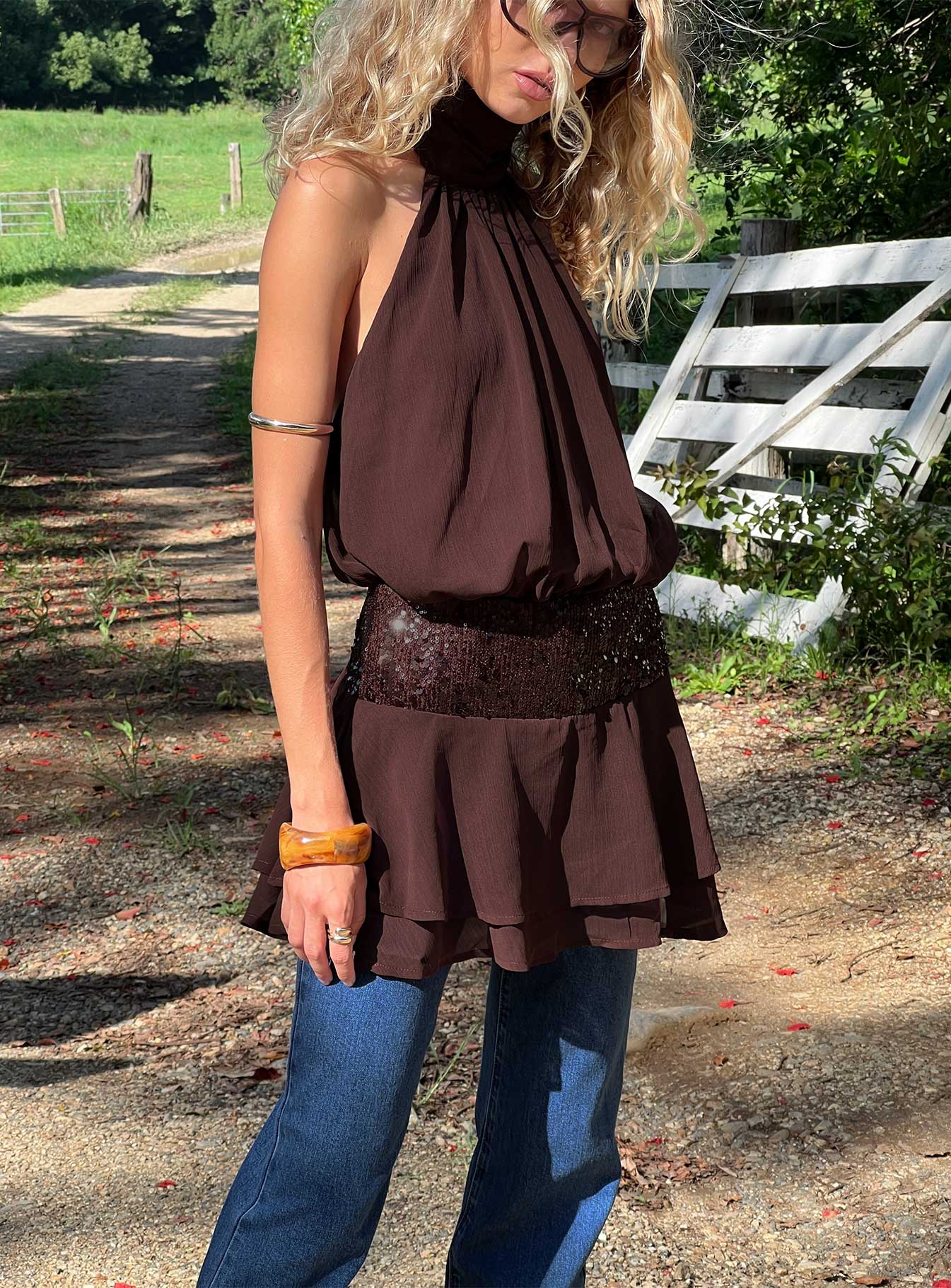 Zenayda Drop Waist Sequin Mini Dress Brown