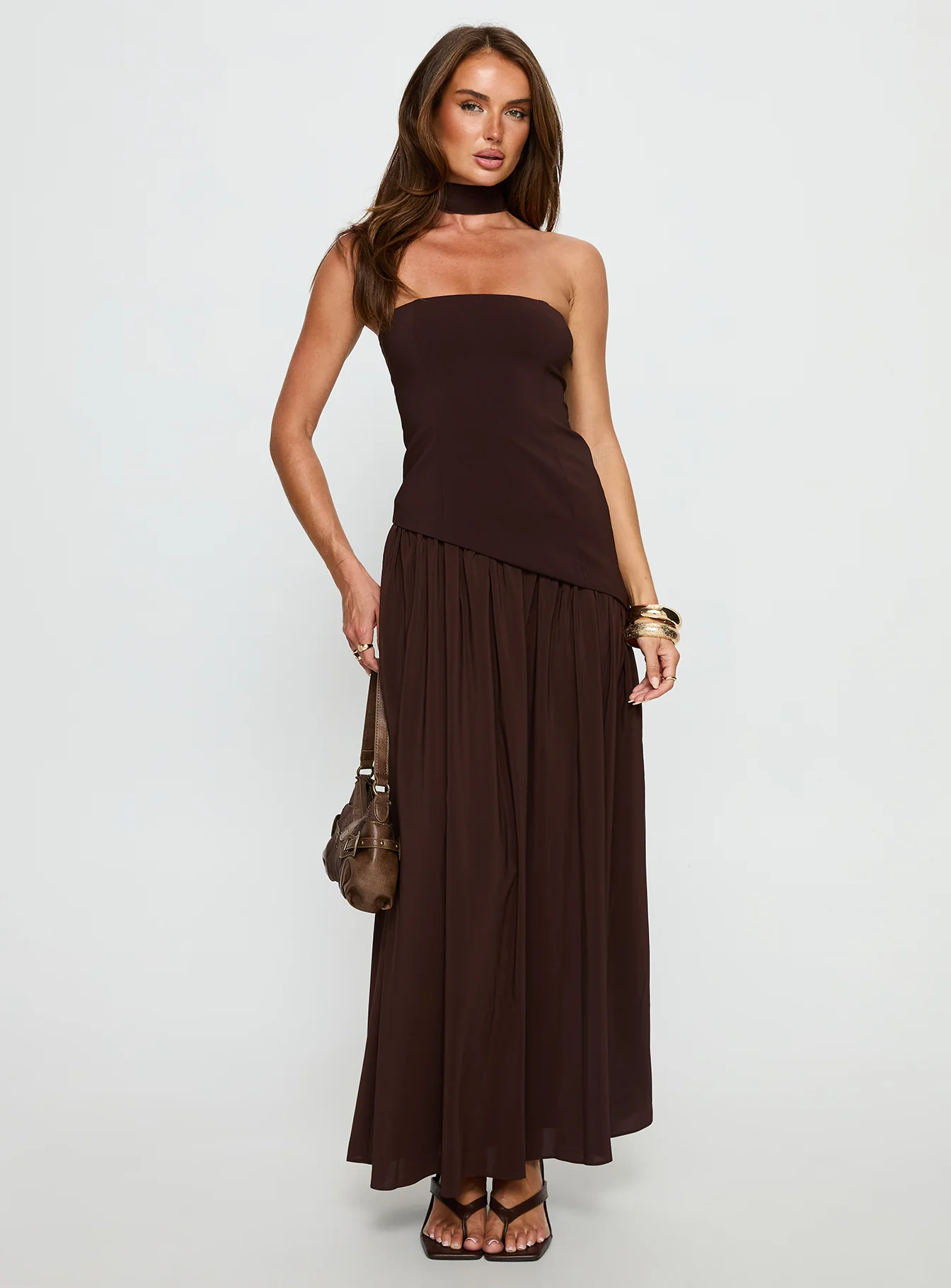 Odela Strapless Drop Waist Maxi Dress Chocolate