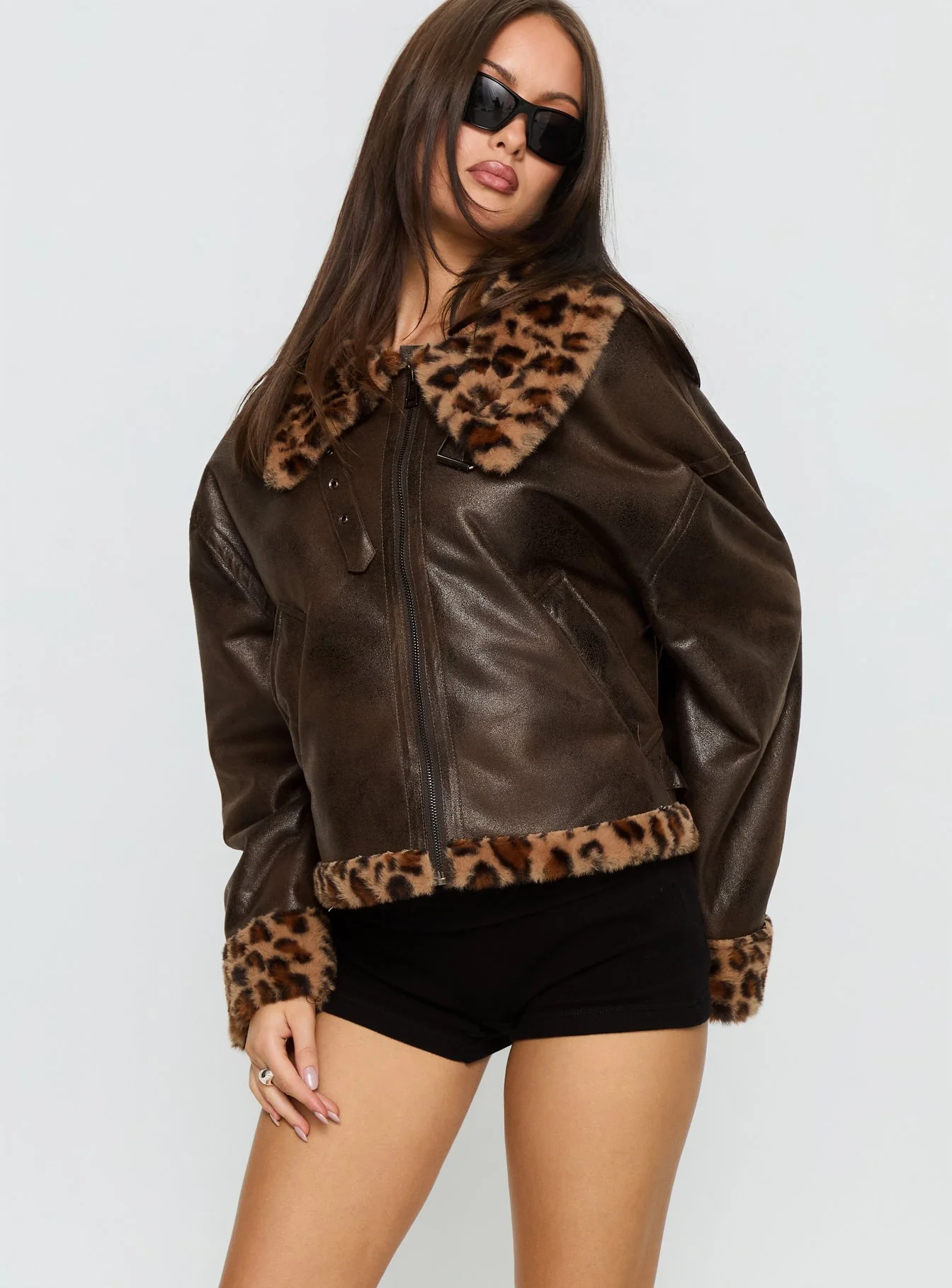 Brandyn Faux Fur Trim Jacket Brown / Leopard