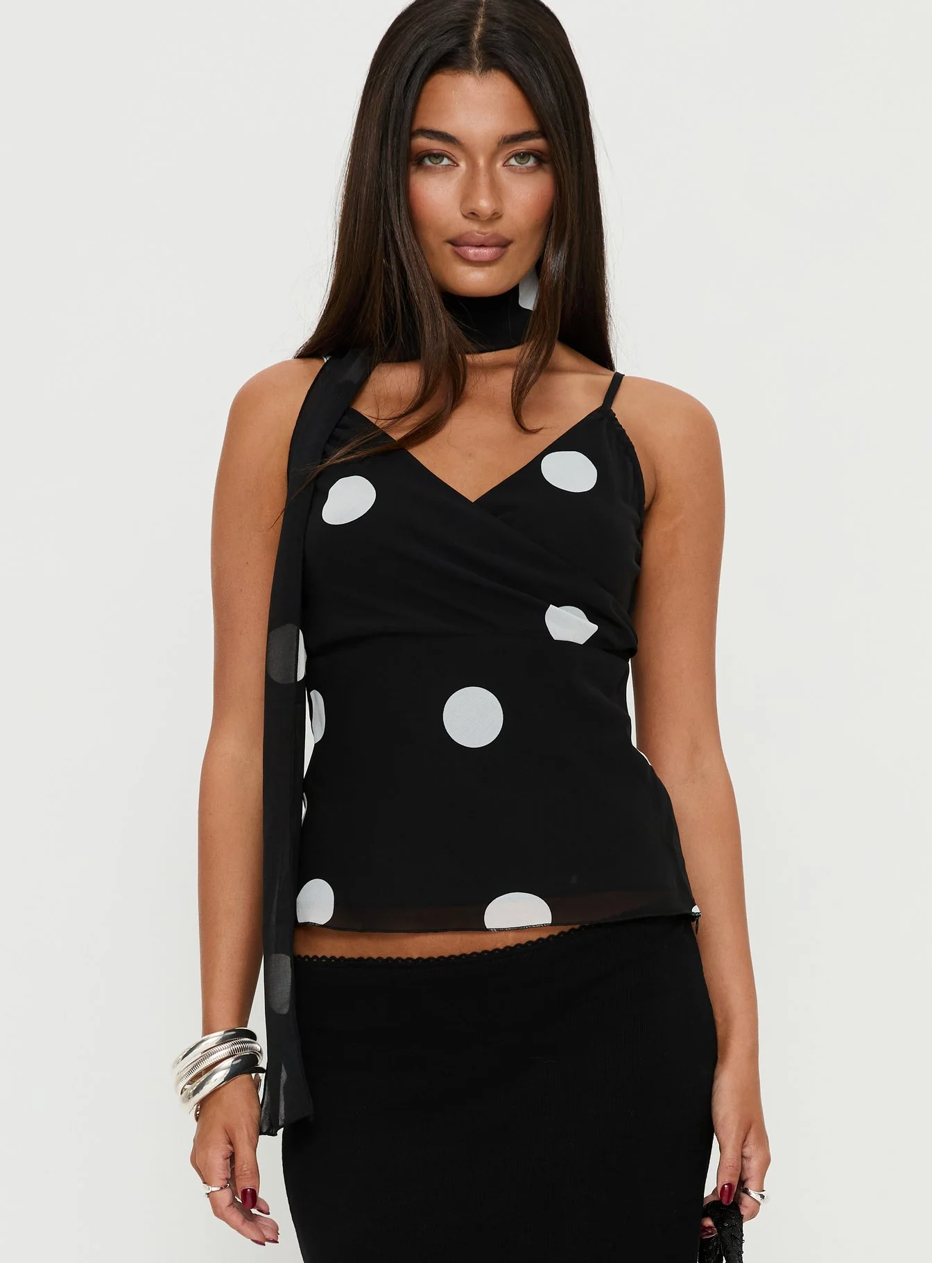 Jenae Scarf Detail Cami Top Black / White Polka