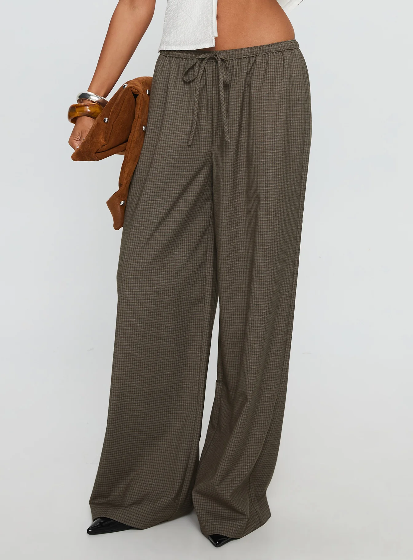 Ketrina Tie Waist Pants Brown Plaid