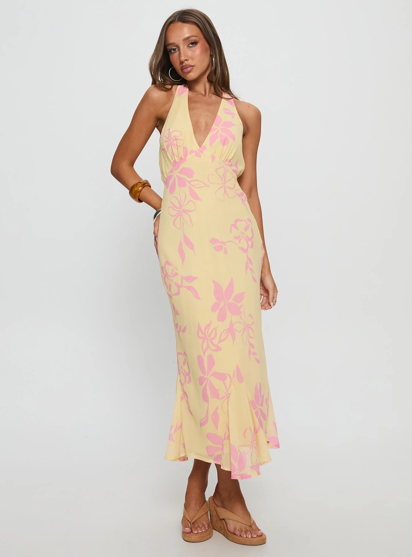 Alayla Halter Midi Dress Yellow Floral