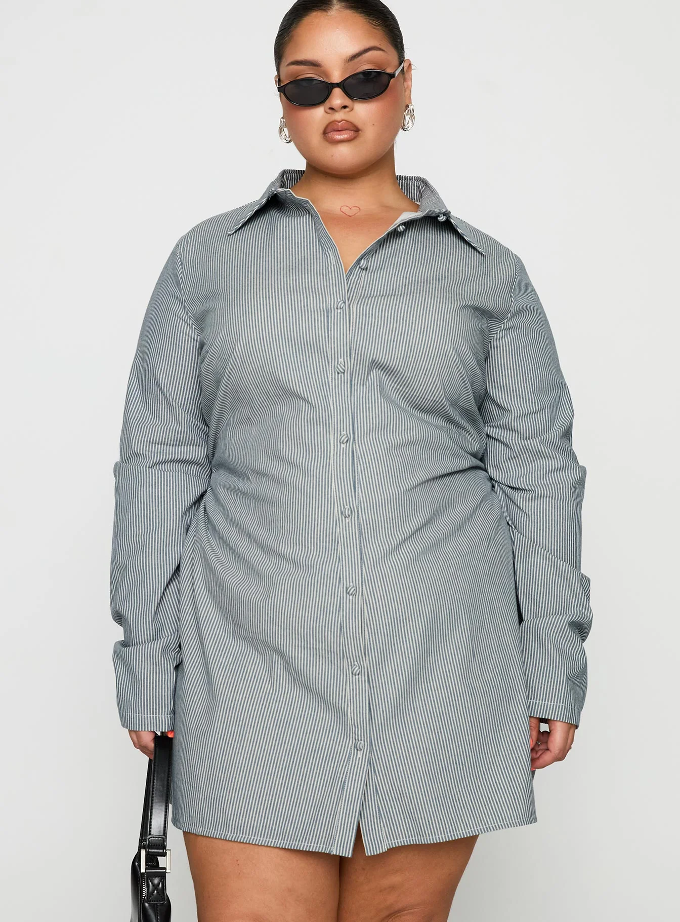 Publicity Long Sleeve Mini Dress Blue Pinstripe Curve