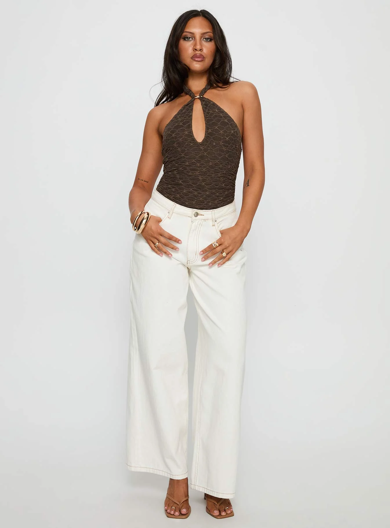 Libbey Hardware Detail Textured Bodysuit Brown