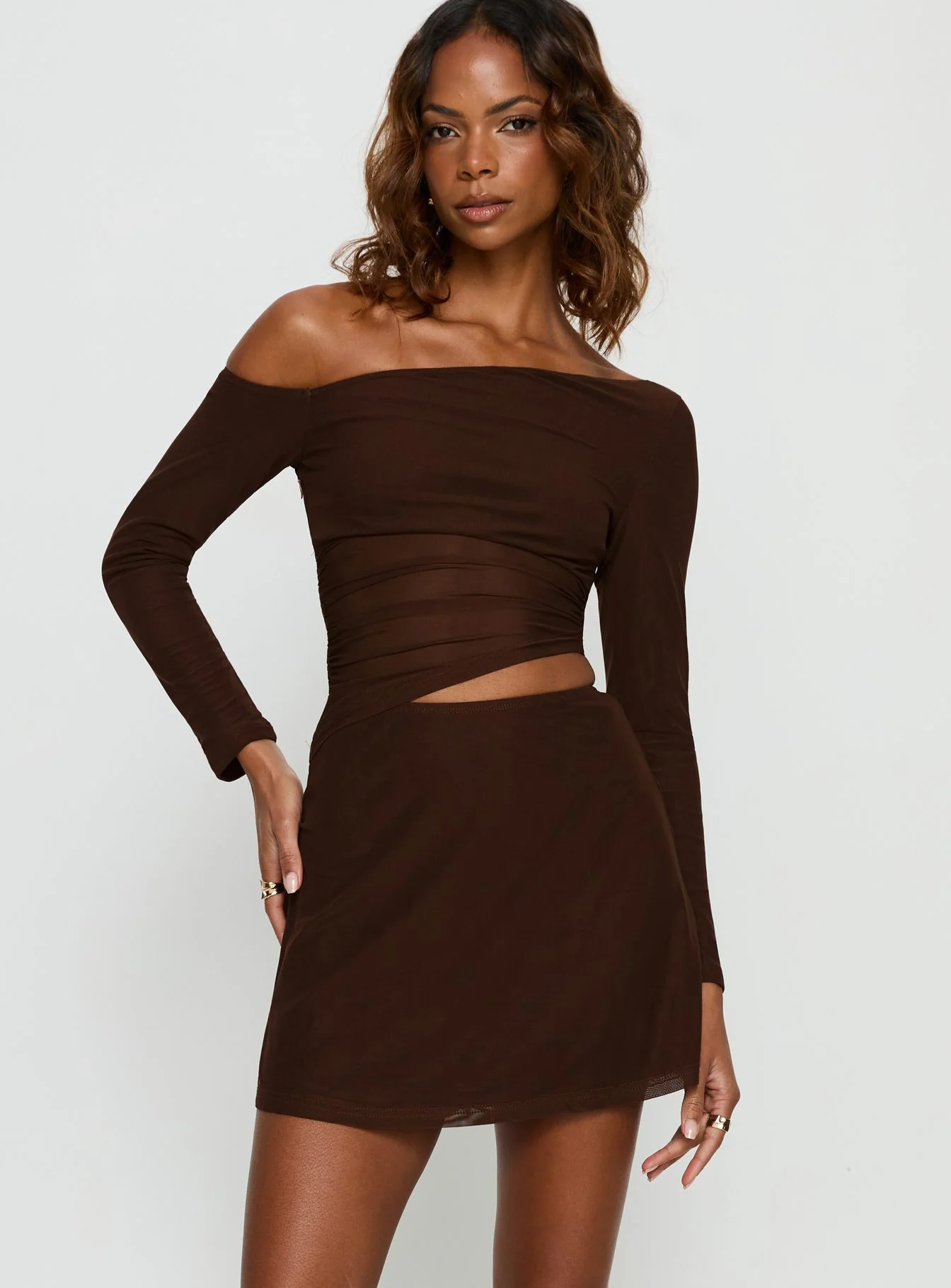 Fade To Black Off Shoulder Long Sleeve Mini Dress Chocolate
