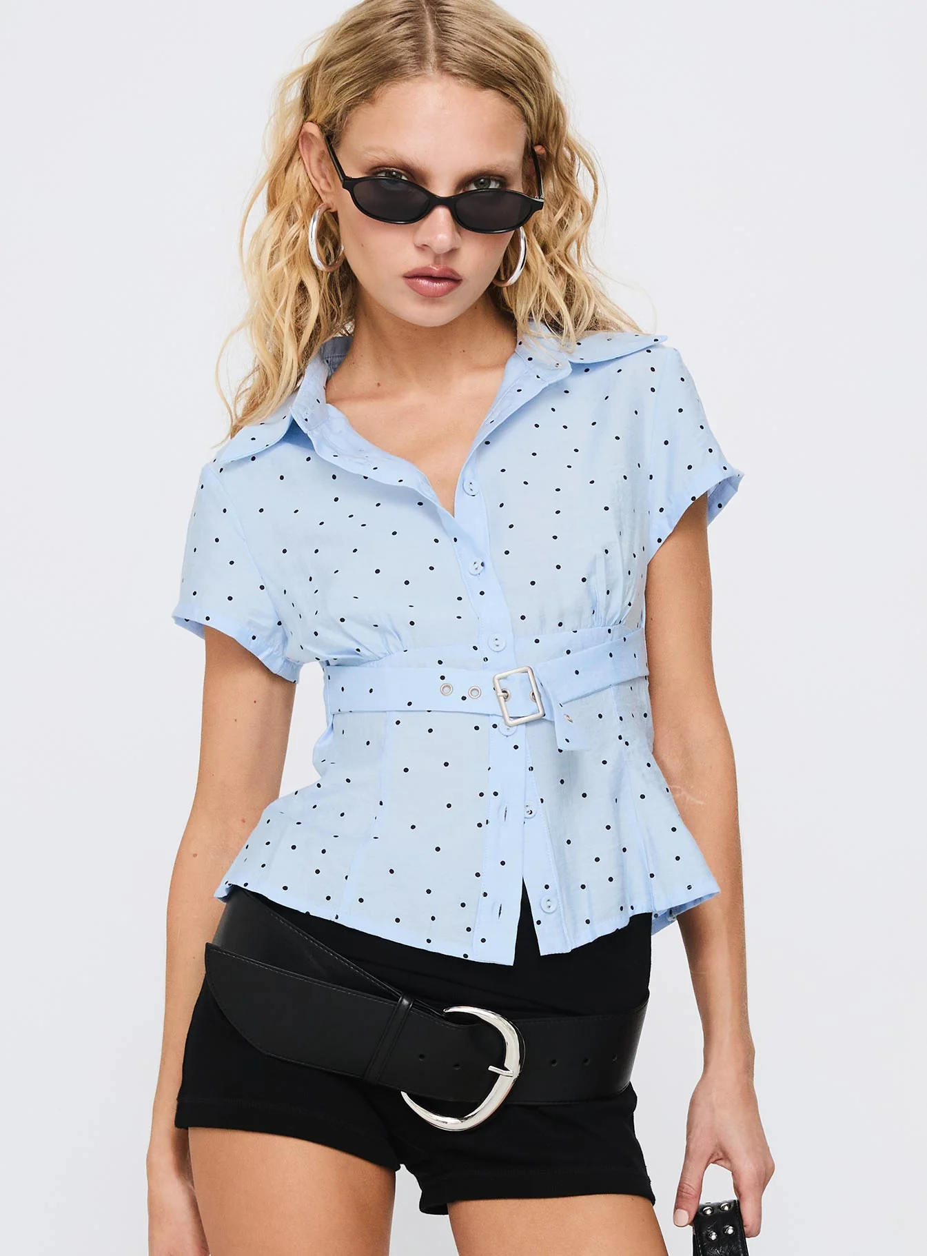 Esteem Buckle Detail Short Sleeve Shirt Blue Polka